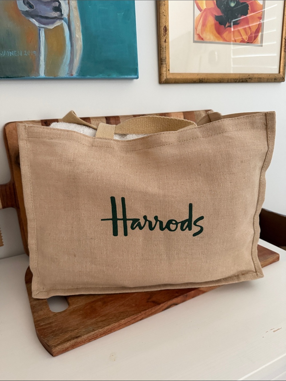Harrods Natural Jute Tote Bag with Green Logo on Both Sides